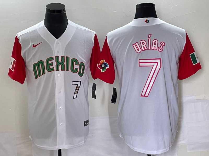 Mens Mexico Baseball #7 Julio Urias Number 2023 White Red World Classic Stitched Jersey 45